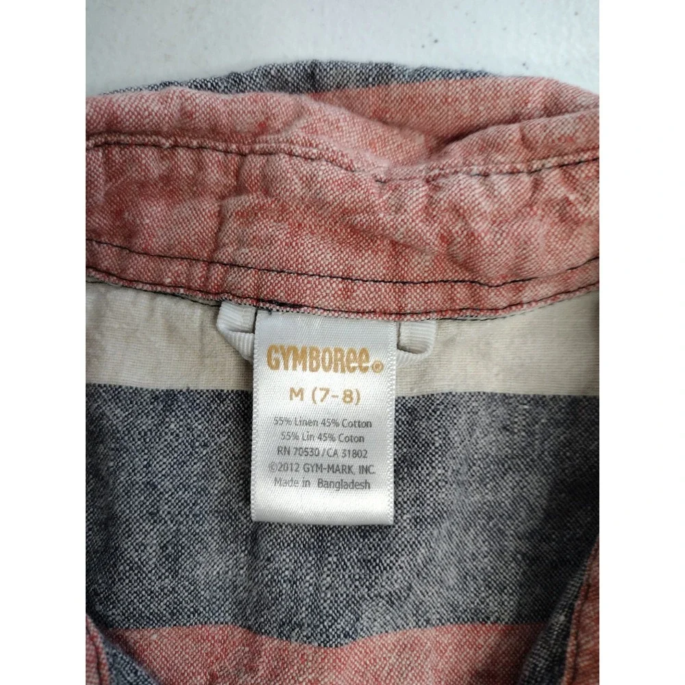 Gymboree Boys Red White Blue Striped Linen Short Sleeve Button Down Shirt M‎